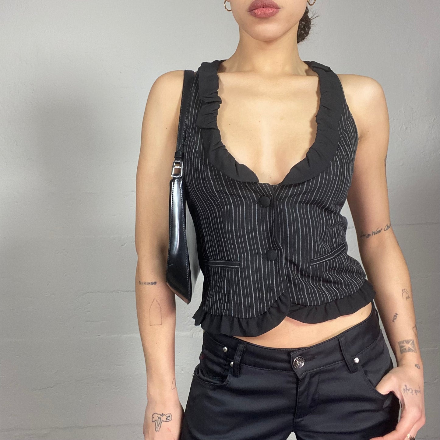 Vintage 2000's Corpcore Black Vest Top with Pinstripes Print and Frilled Collar Detail (S)