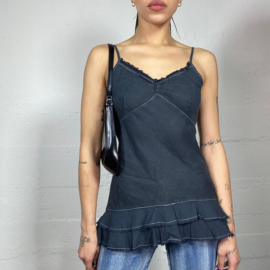 Vintage 90's Indie Girl Black Top with Frilled Bottom Detail (S)