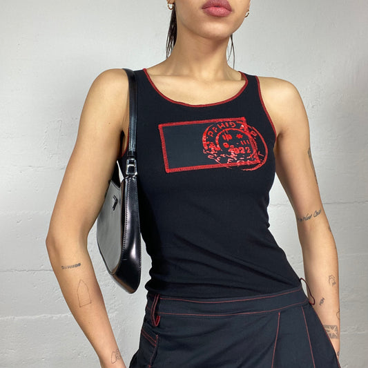 Vintage 2000's Cyber Black Long Top with Pleaded Bottom & Red Print Details (S)