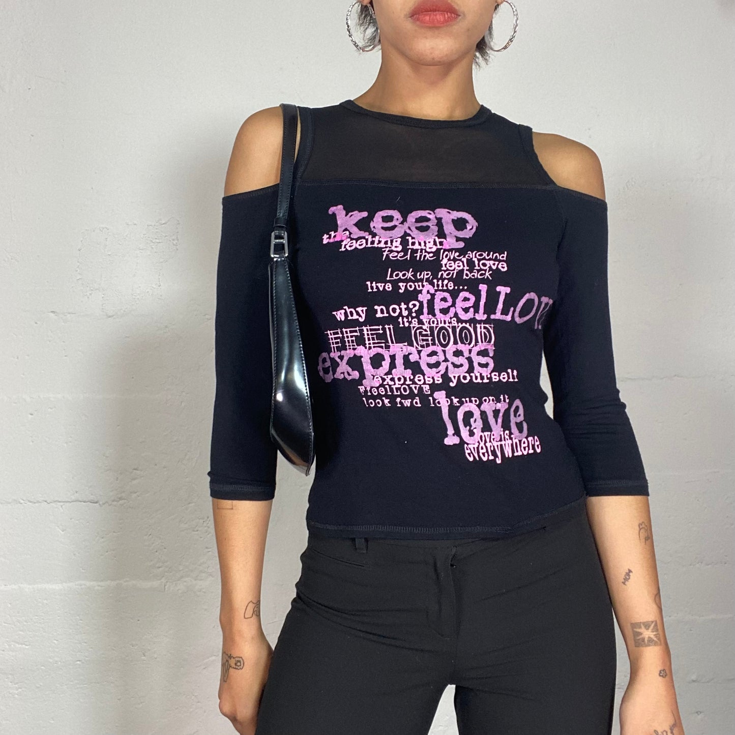 Vintage 2000's Downtown Girl Black Longsleeves Top and Pink Typography Print (S)