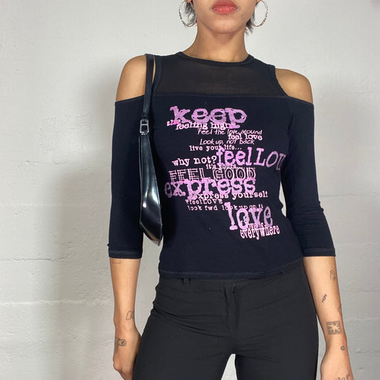 Vintage 2000's Downtown Girl Black Longsleeves Top and Pink Typography Print (S)