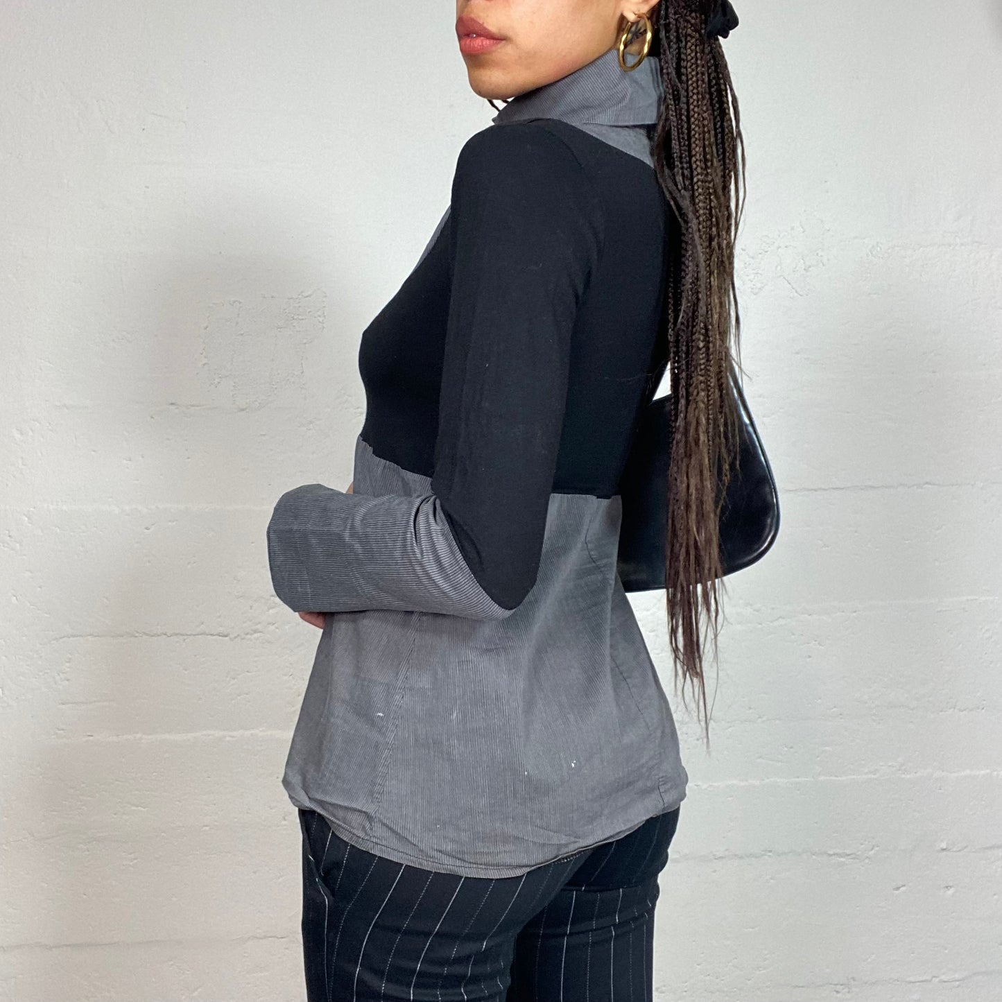 Vintage 2000's Office Girl Black Longlseeve Top with Layered Grey Shirt Underneath (M)