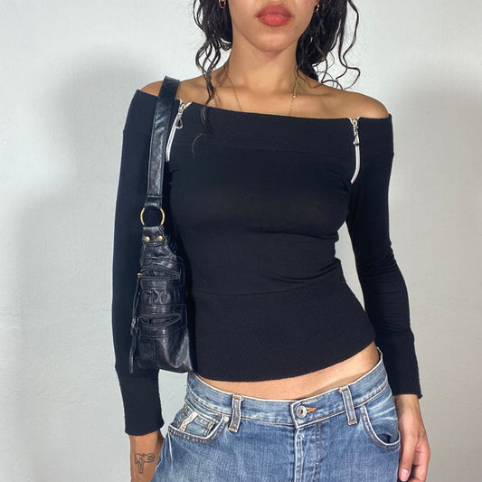 Vintage 2000's Downtown Girl Black Off Shoulder Longsleeve Top with Silver Zip Detail (XS/S)