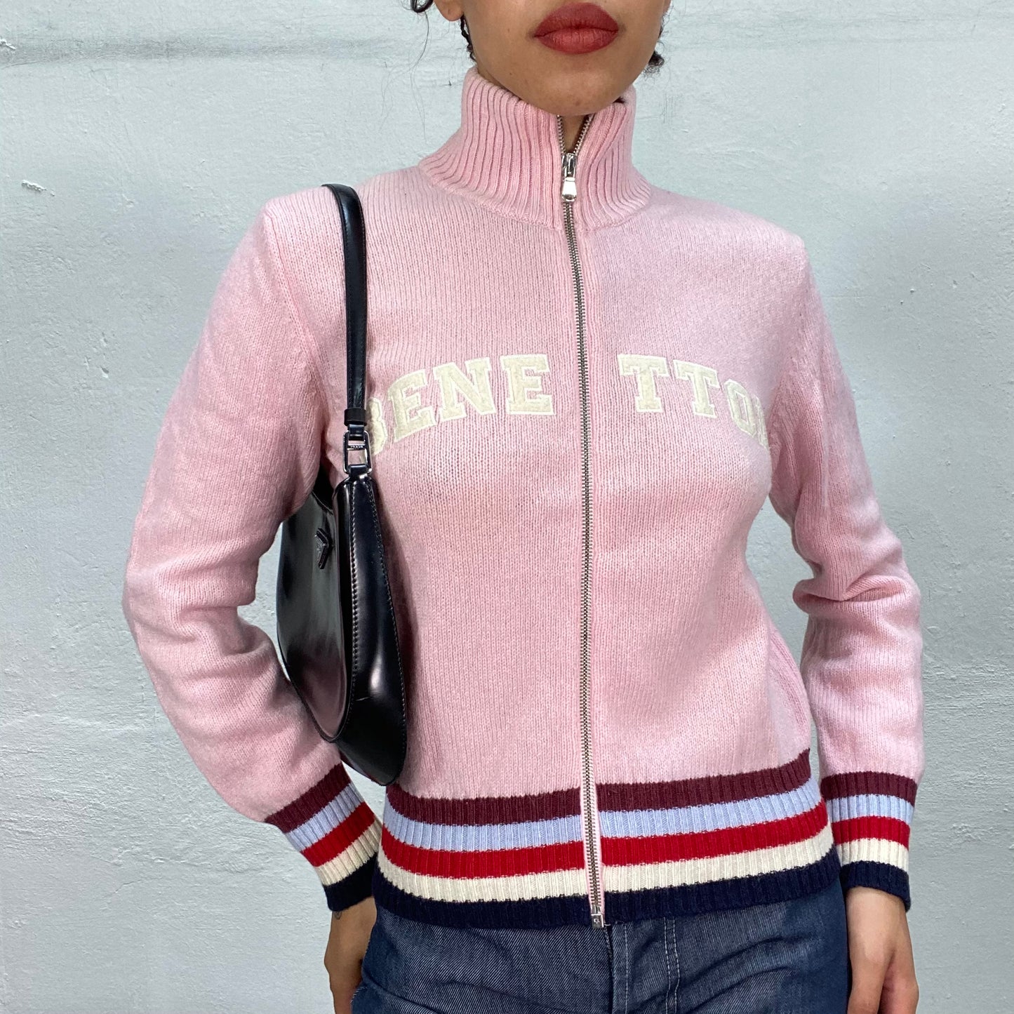 Vintage 90's Benetton Sporty Pink Zip Up Sweater with Logo Print (S/M)