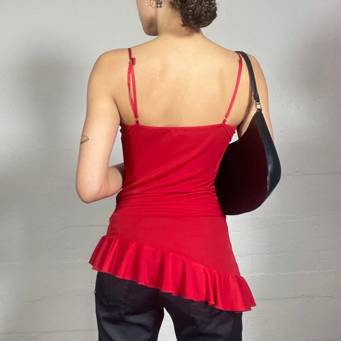 Vintage 2000's Clubwear Red Top with Asymmetric Frilled Trim Detail (S)
