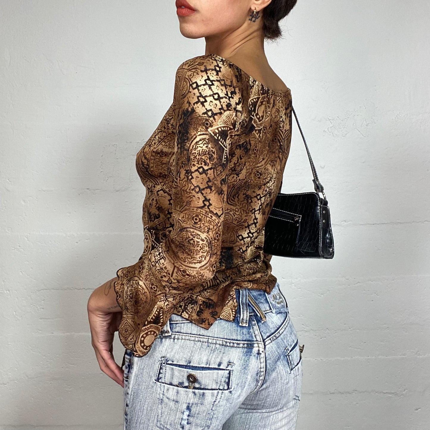 Vintage 90's Boho Brown Longsleeve Blouse with Ethnic Print (S)