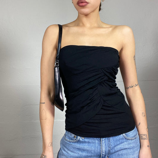 Vintage 2000's Clubwear Black Strapless Tube Top with Ruched Detail (S)