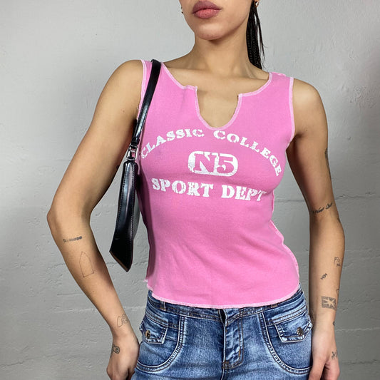 Vintage 2000's College Girl Pink Top with White "Classic College Sport Dept" Text Print (S)