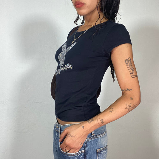 Vintage 2000's Playboy Downtown Girl Black Top with White Strass and Embroidery Logo Detail (XS)