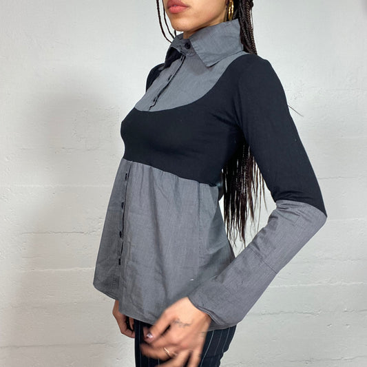 Vintage 2000's Office Girl Black Longlseeve Top with Layered Grey Shirt Underneath (M)