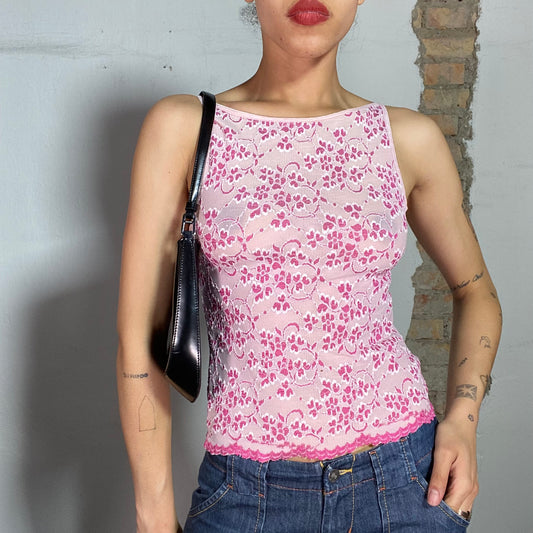 Vintage 2000's Coquette Pink Lace Tank Top (S)