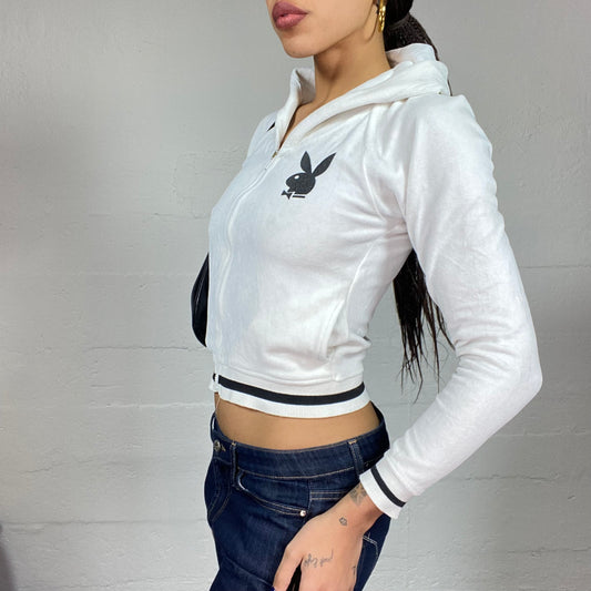 Vintage 2000's Playboy Downtown Girl White Zip-Up Hoodie with Black Brand Print (S)