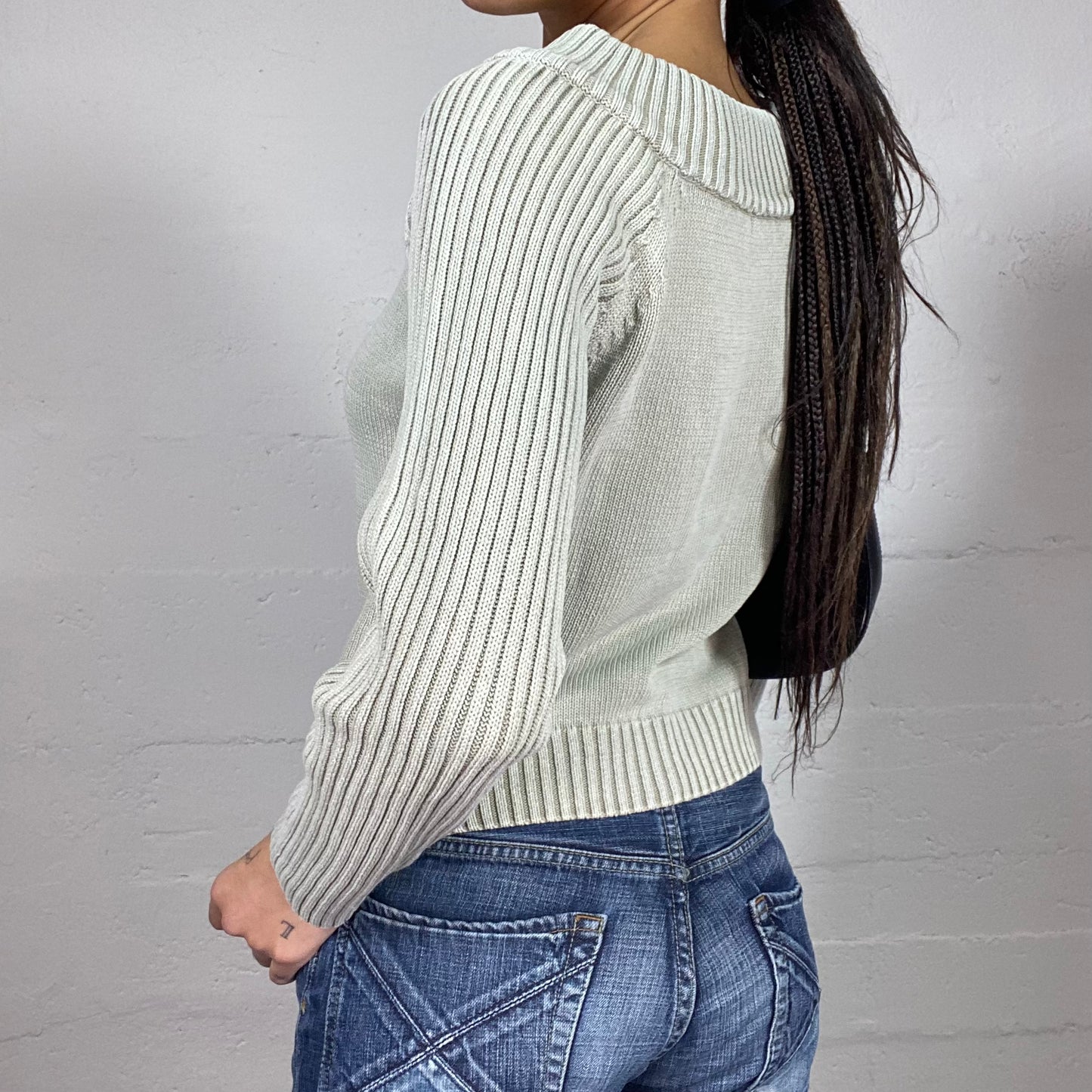 Vintage 2000's Soft Girl Grey Ribbed Knit Pullover with Zip Up Detail (M)