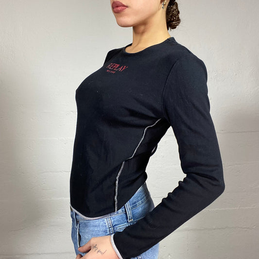 Vintage 2000's Replay Downtown Girl Black Longsleeve Top with Red Brand Print (M)