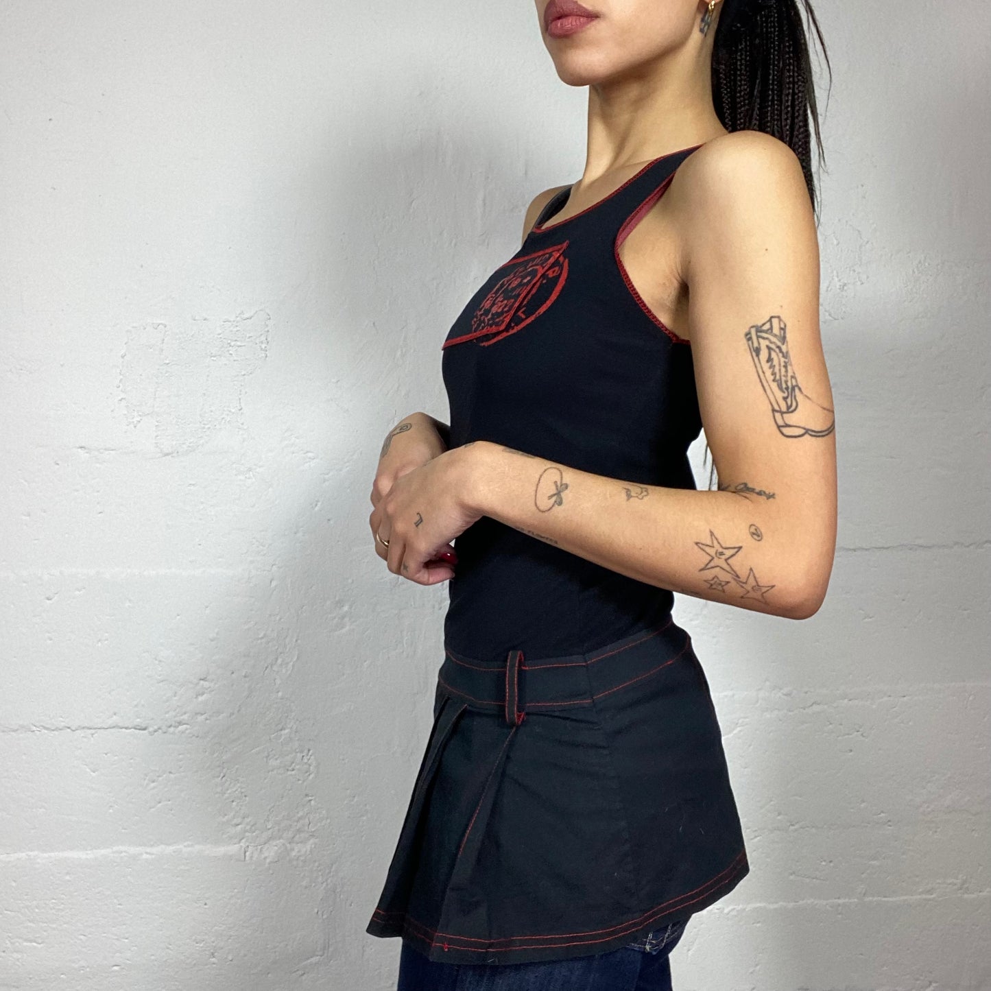Vintage 2000's Cyber Black Long Top with Pleaded Bottom & Red Print Details (S)