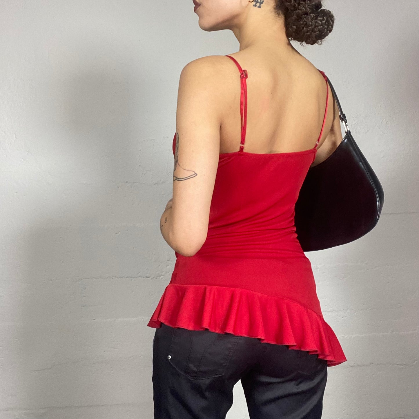 Vintage 2000's Clubwear Red Top with Asymmetric Frilled Trim Detail (S)