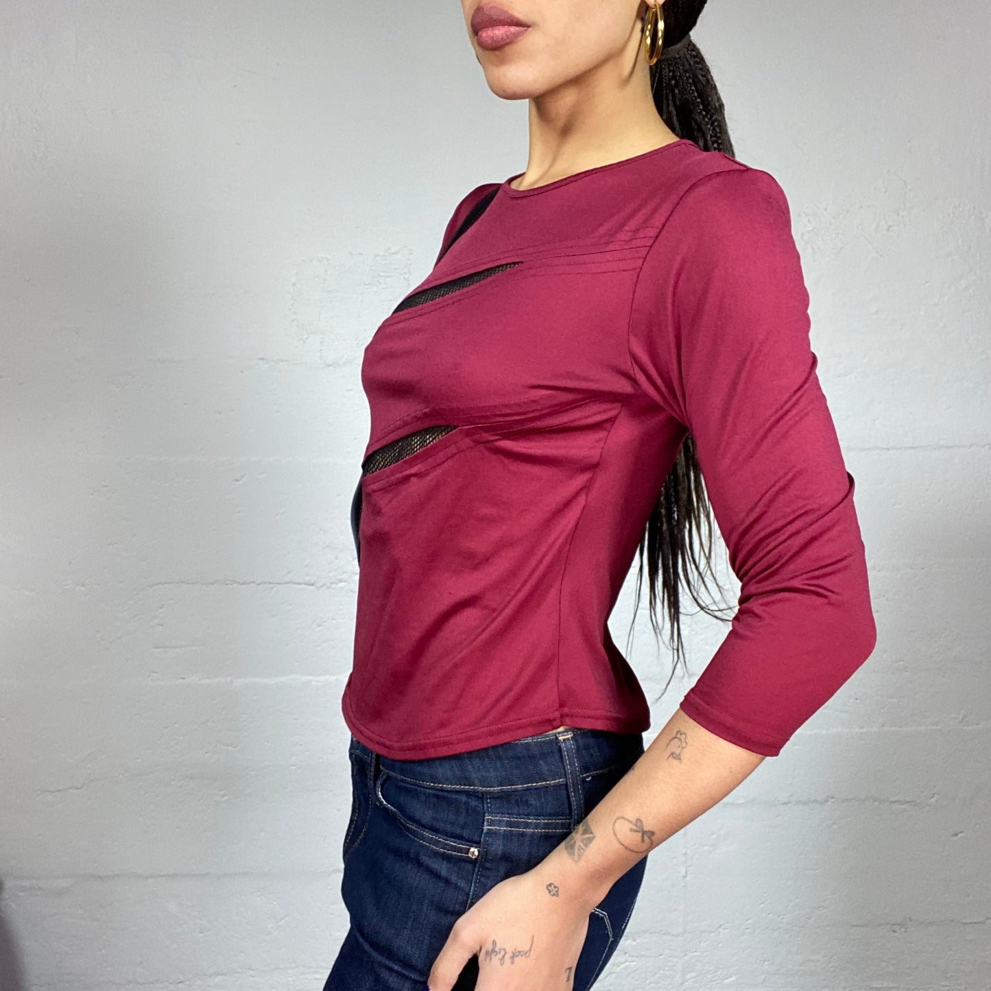 Vintage 2000's Rave Garnet 3/4 Sleeve Top with Open Cuts with Black Fishnet Detail (M)