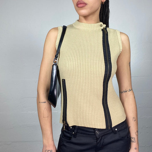 Vintage 2000's Cyber Girl Beige Ribbed Knit Vest Top with Side Zip Up Detail (M)