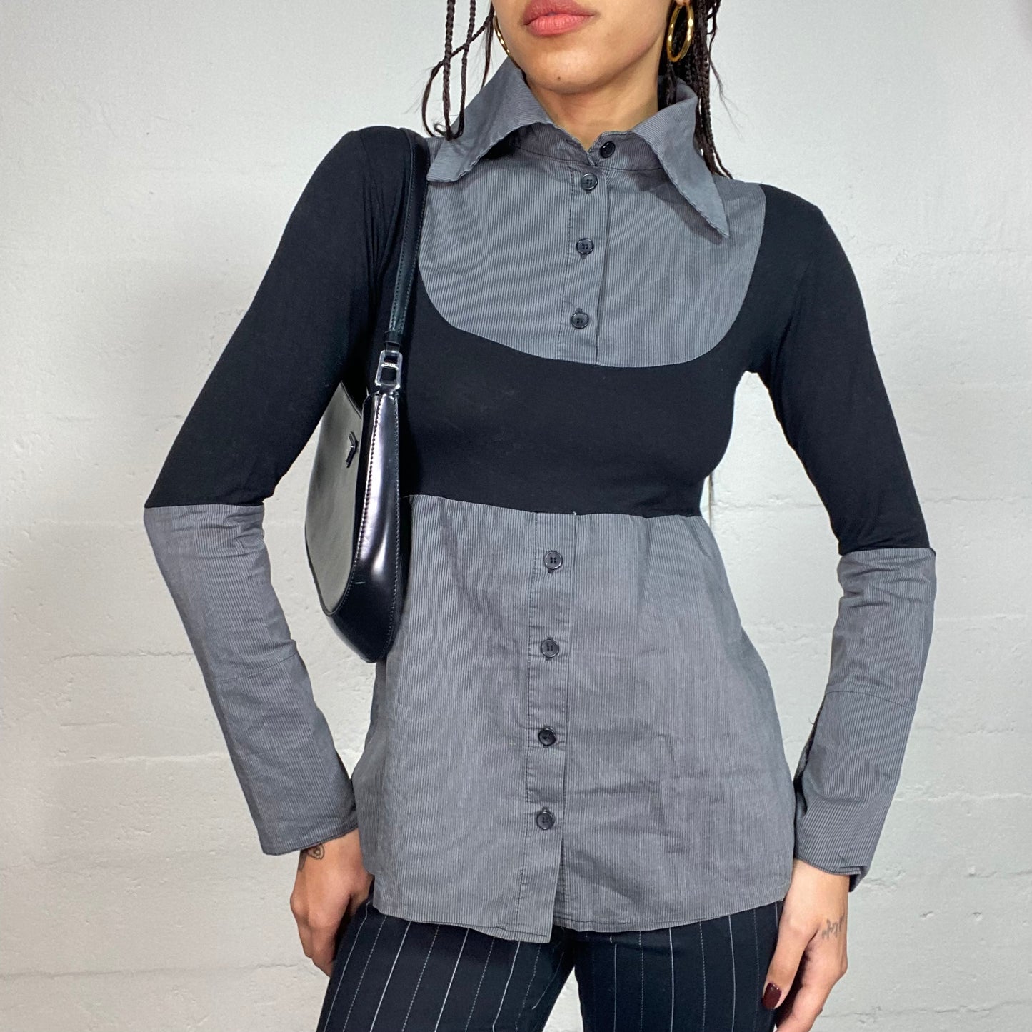 Vintage 2000's Office Girl Black Longlseeve Top with Layered Grey Shirt Underneath (M)