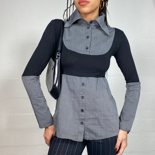 Vintage 2000's Office Girl Black Longlseeve Top with Layered Grey Shirt Underneath (M)