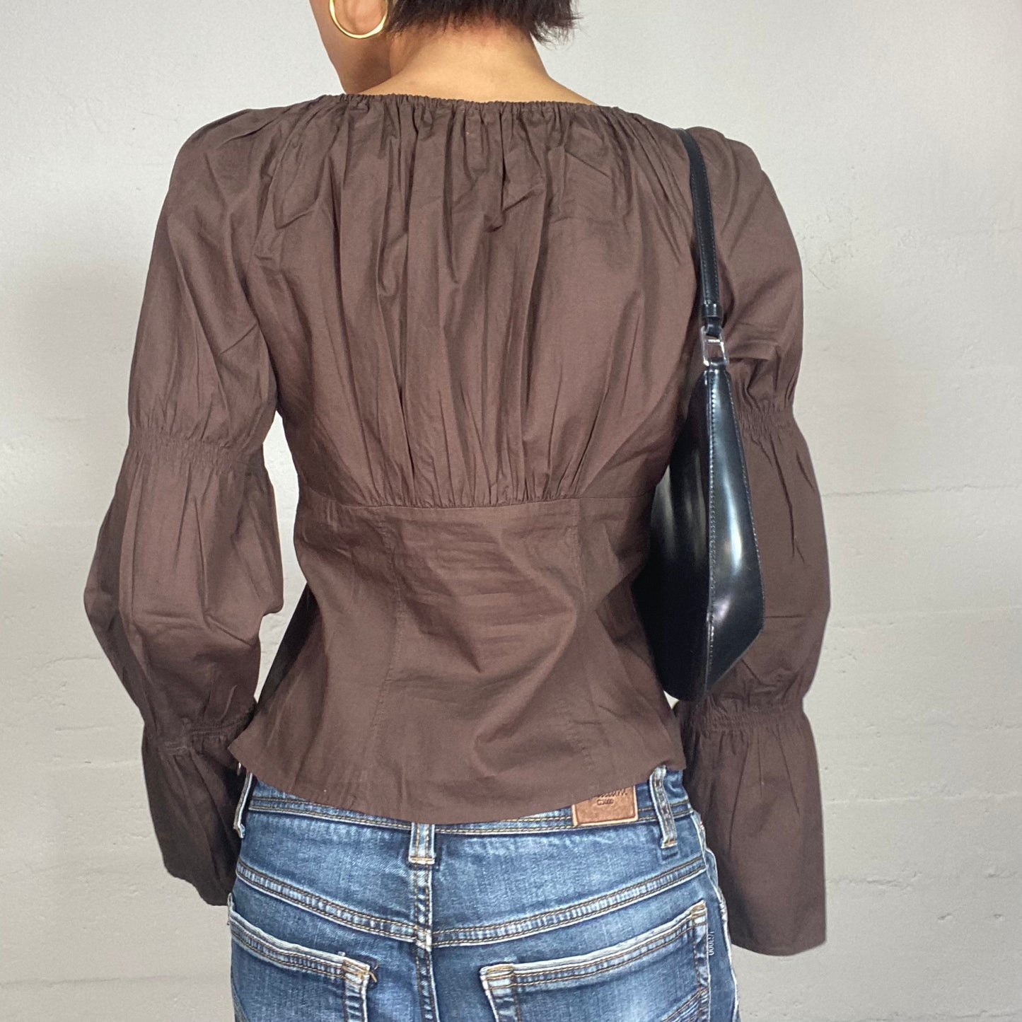 Vintage 90's Cottage-Girl Chocolate Brown Puffed Longsleeve Blouse with Lace Up Detail (M)