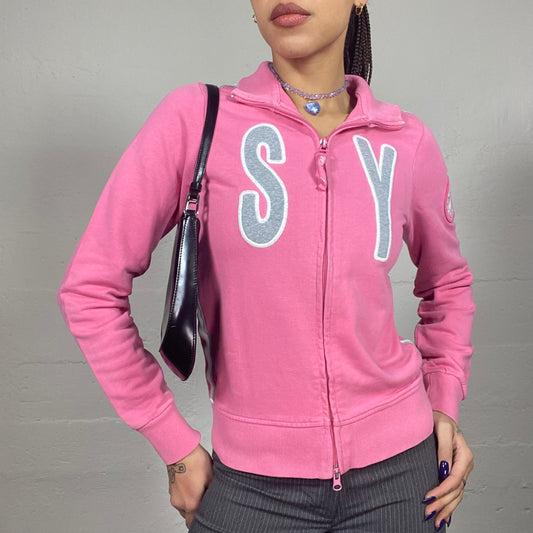 Vintage 2000's Downtown Girl Pink Zip-Up Hoodie with "Sweet Years Your Pure Life" Embroidered Print (S)