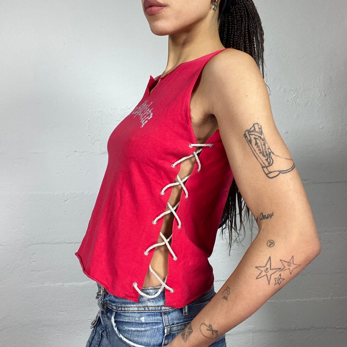 Vintage 2000's Clubwear Red Top with Gothic Lettering Print and Lace Up Detail (S)