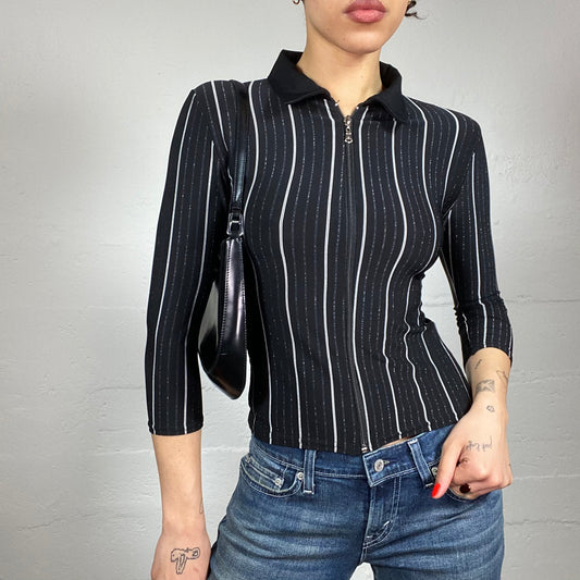 Vintage 2000's Corpcore Black Longsleeve Shirt Top with White Pinstripes and Zip Up Detail (S)
