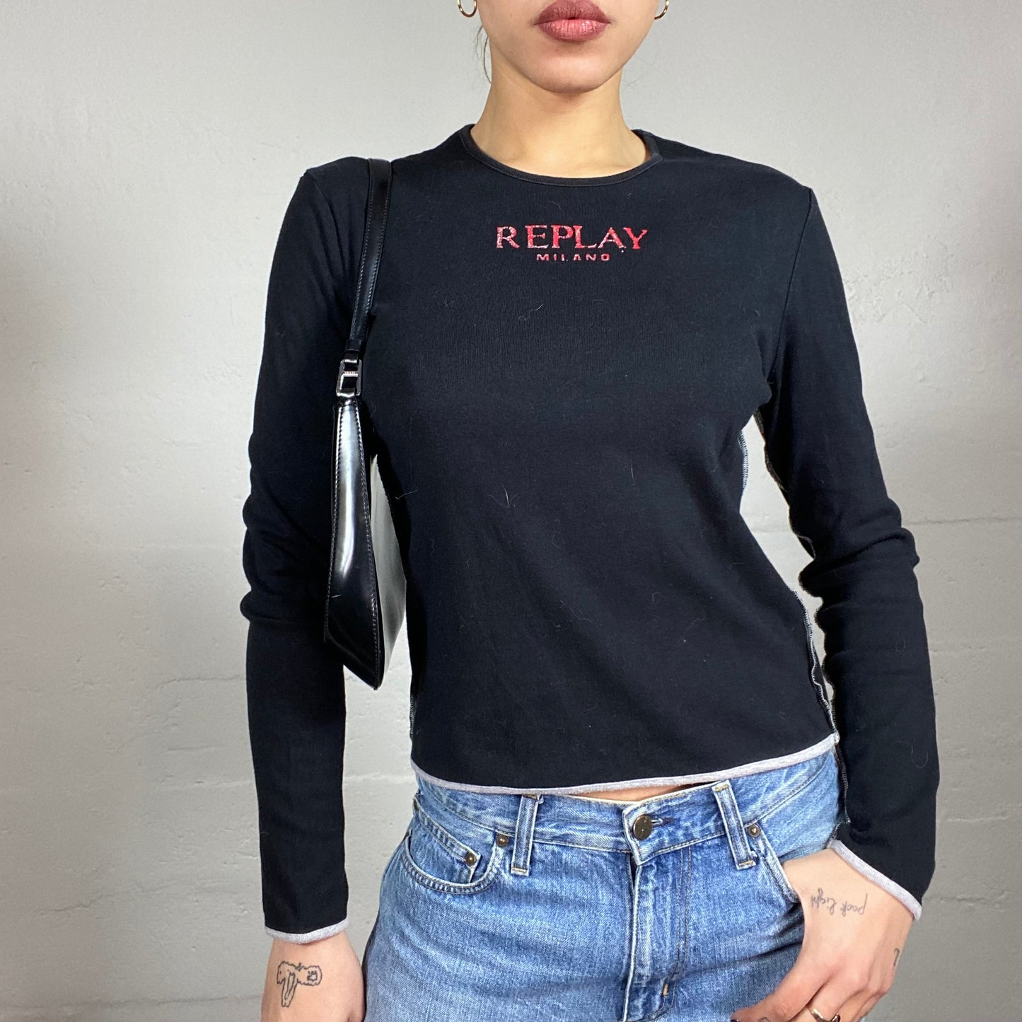 Vintage 2000's Replay Downtown Girl Black Longsleeve Top with Red Brand Print (M)