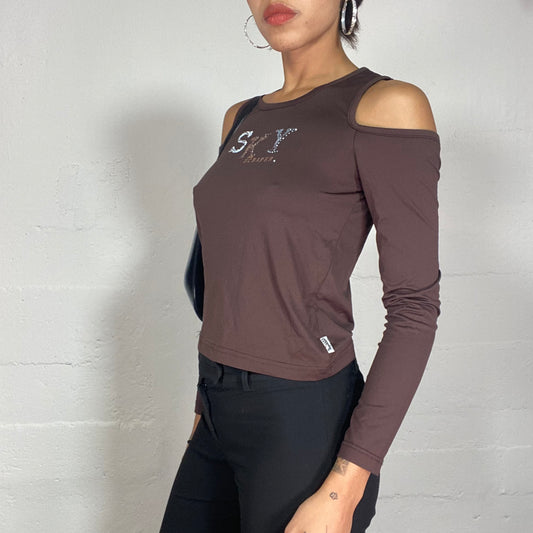 Vintage 2000's Downtown Girl Brown Longsleeves Cut Out Top with "Sky Scraper" Print (S)