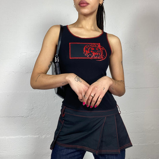 Vintage 2000's Cyber Black Long Top with Pleaded Bottom & Red Print Details (S)