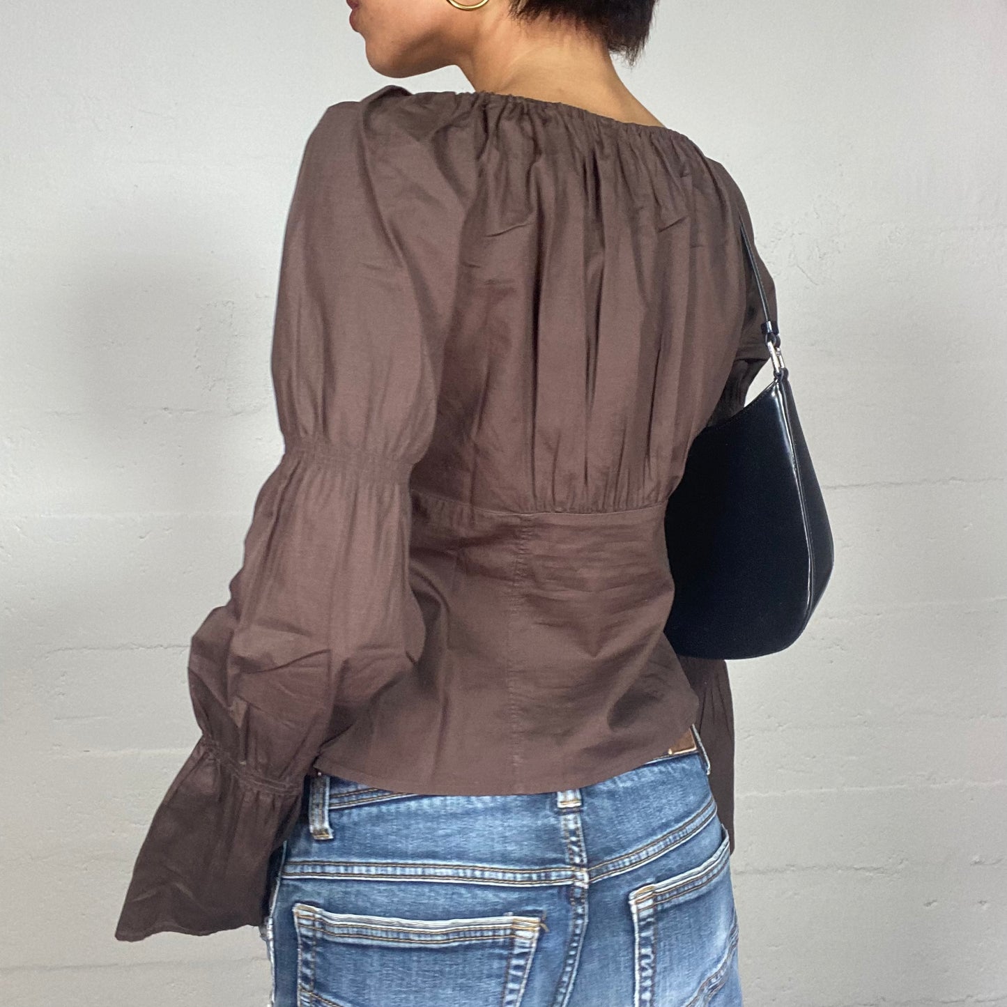 Vintage 90's Cottage-Girl Chocolate Brown Puffed Longsleeve Blouse with Lace Up Detail (M)