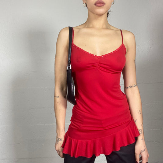 Vintage 2000's Clubwear Red Top with Asymmetric Frilled Trim Detail (S)