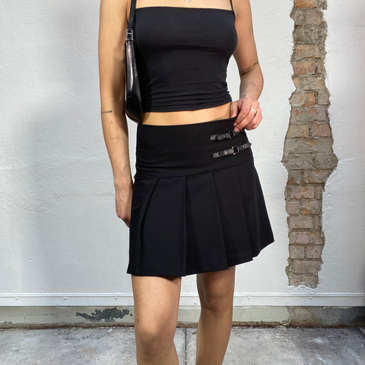 Vintage 90's Schoolgirl Black Pleated Mini Skirt with Small Buckle Details (S)