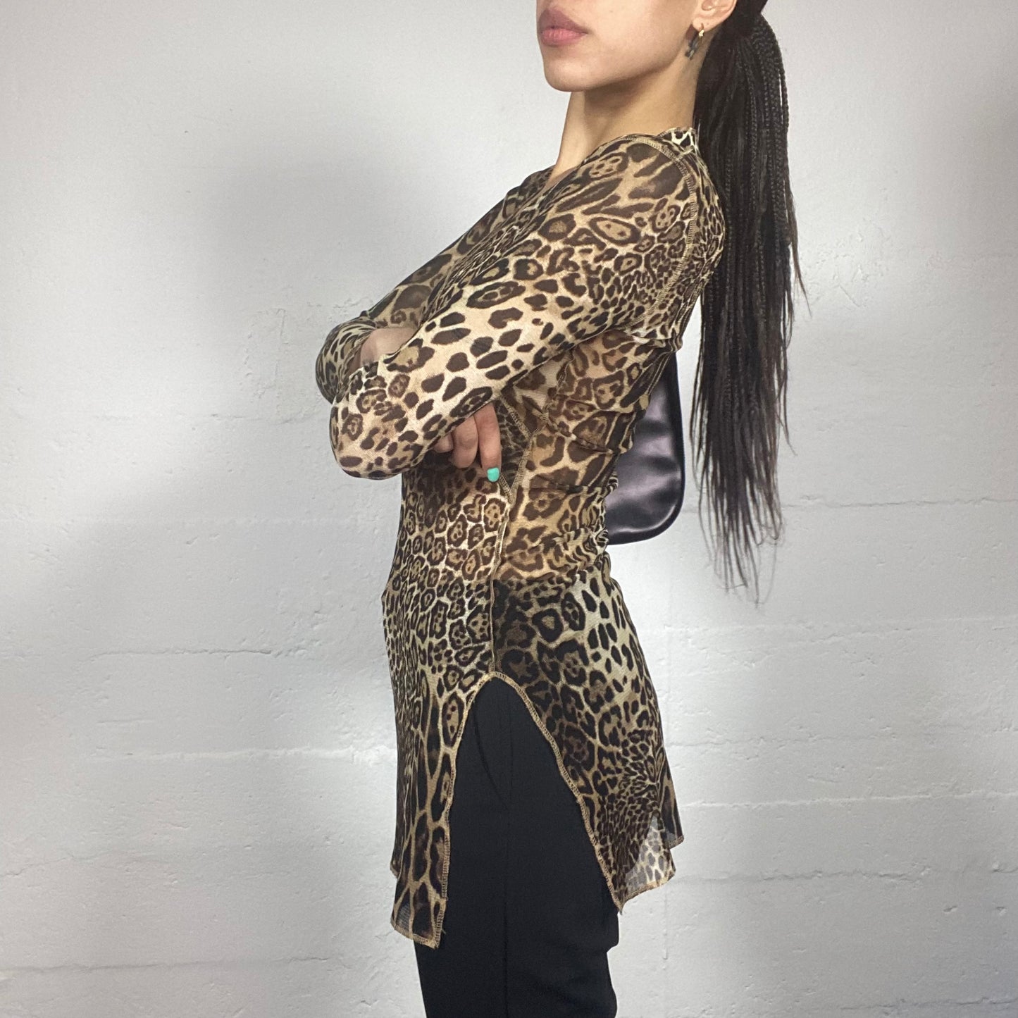 Vintage 90's Janice Brown Mesh Long Slip Top with Cheetah Print (S) ko