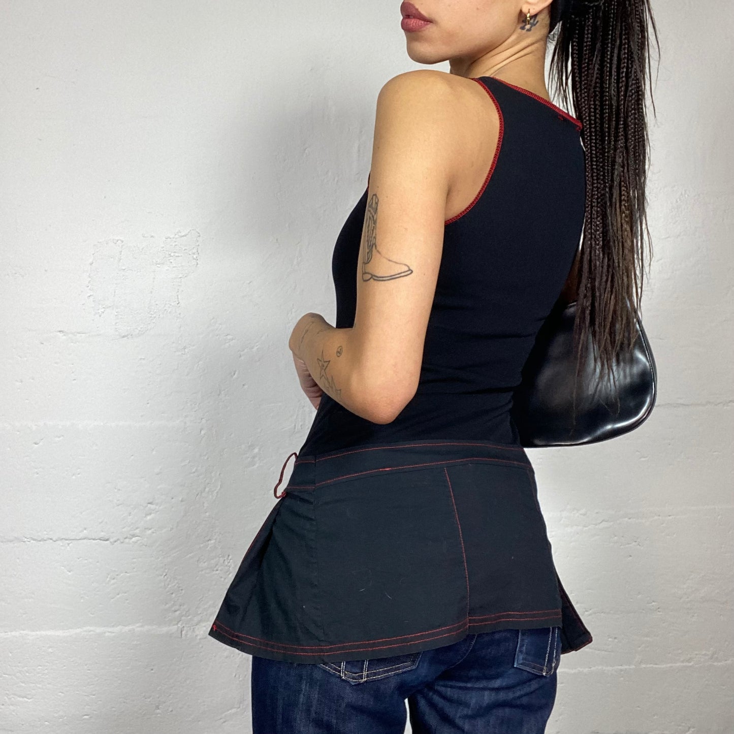 Vintage 2000's Cyber Black Long Top with Pleaded Bottom & Red Print Details (S)