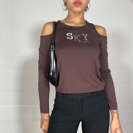 Vintage 2000's Downtown Girl Brown Longsleeves Cut Out Top with "Sky Scraper" Print (S)