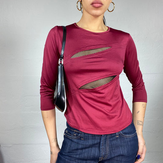 Vintage 2000's Rave Garnet 3/4 Sleeve Top with Open Cuts with Black Fishnet Detail (M)
