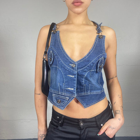 Vintage 2000's Downtown Girl Denim Button Up Vest Top (M)