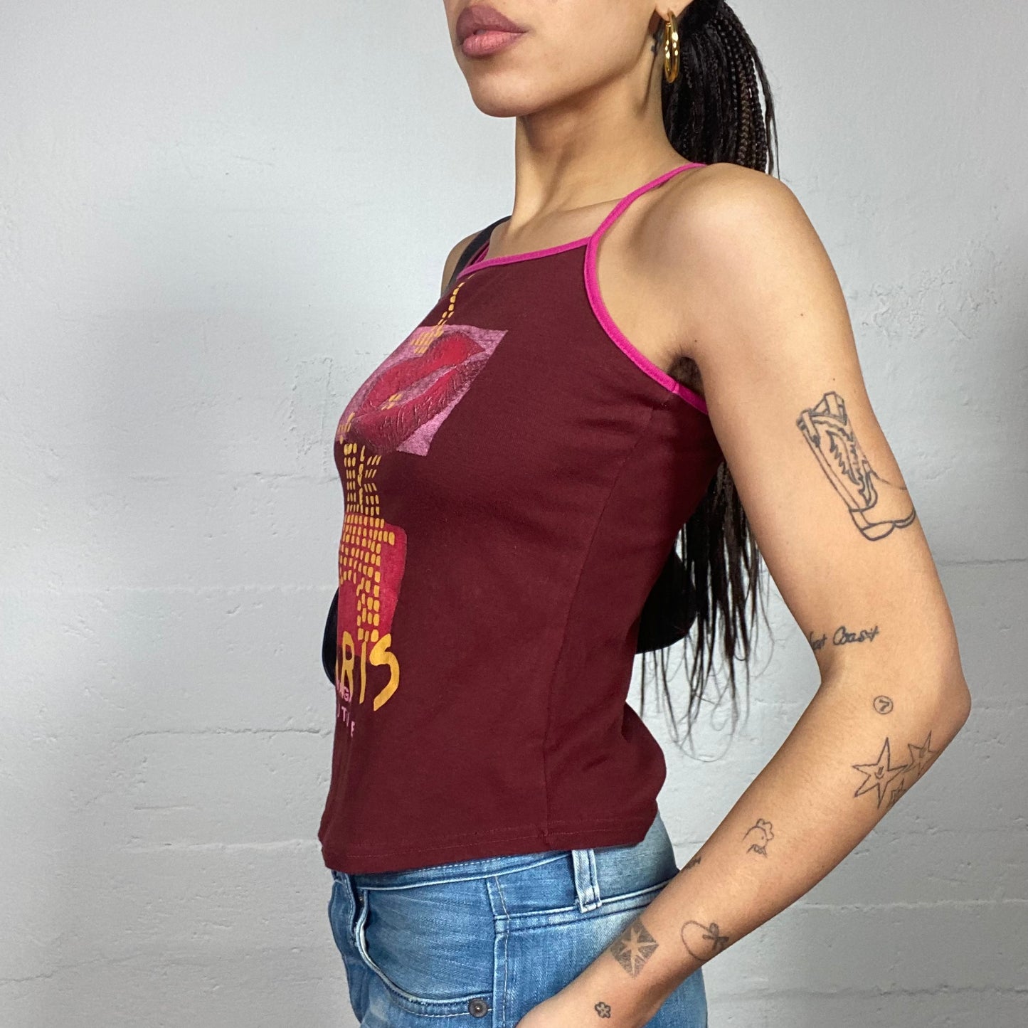 Vintage 2000's Morgan Sleaze Garnet Top with Paris Kiss Print (S)