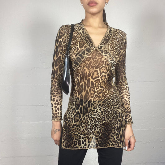 Vintage 90's Janice Brown Mesh Long Slip Top with Cheetah Print (S) ko