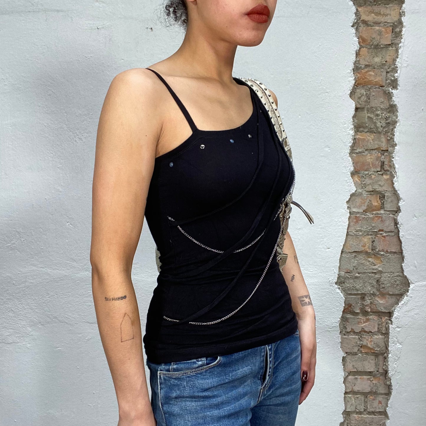 Vintage 2000's Gothic Black One Shoulder Top with Studs and Chain Details (S)