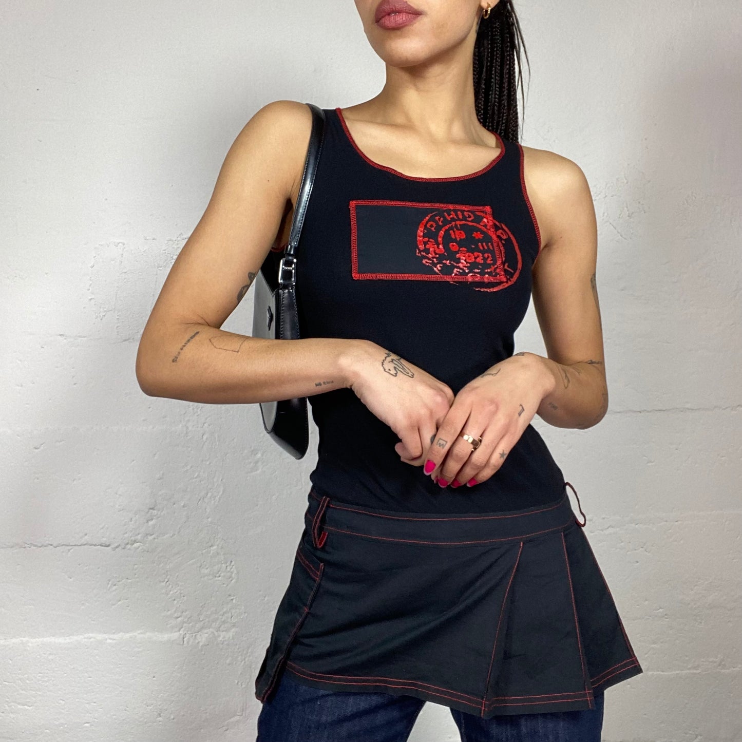 Vintage 2000's Cyber Black Long Top with Pleaded Bottom & Red Print Details (S)