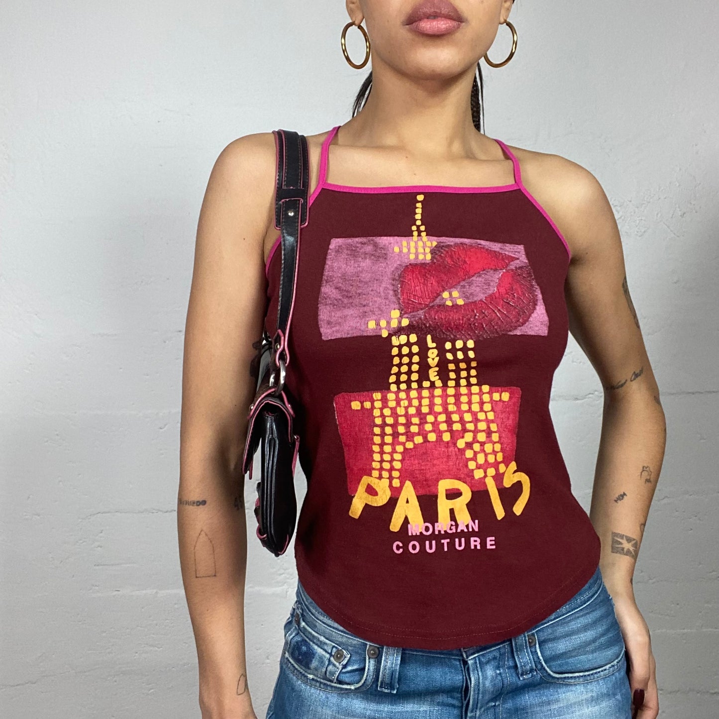 Vintage 2000's Morgan Sleaze Garnet Top with Paris Kiss Print (S)