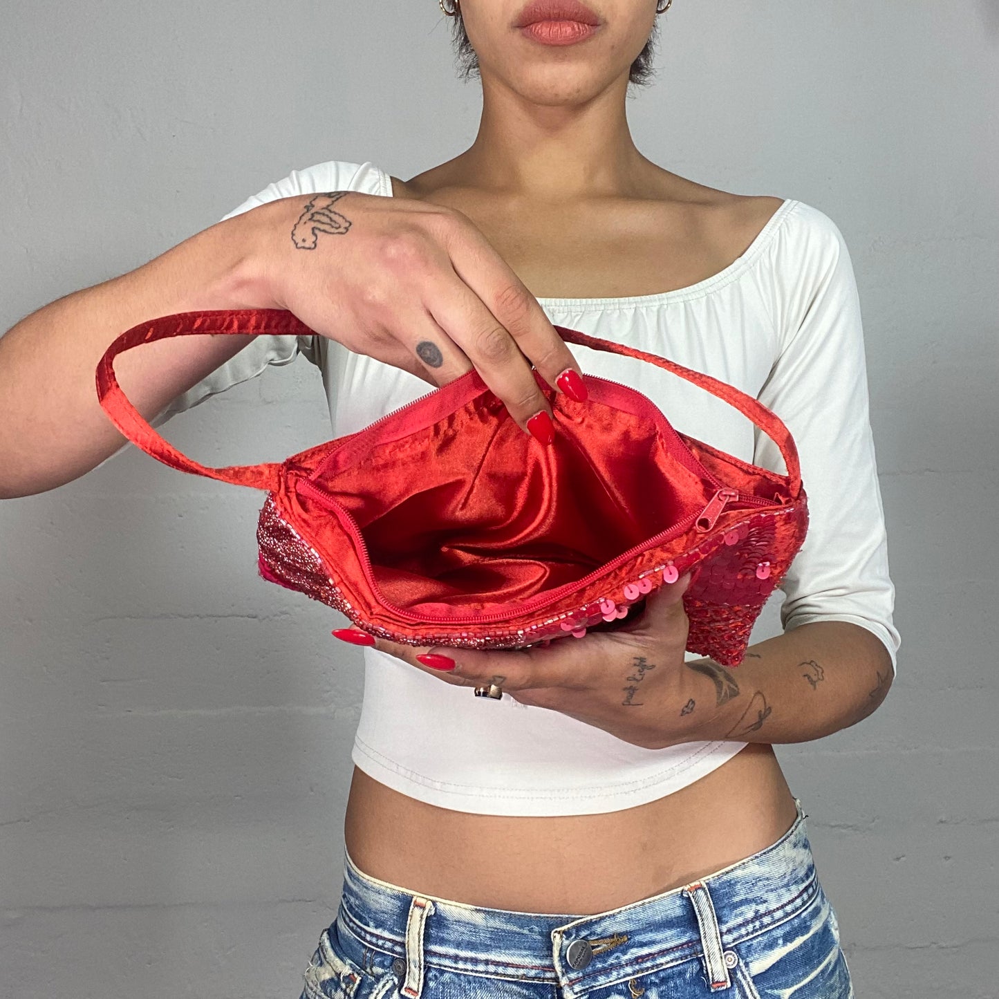 Vintage 2000's Festival Red Shoulder Bag with Patched Print Glitter Detail