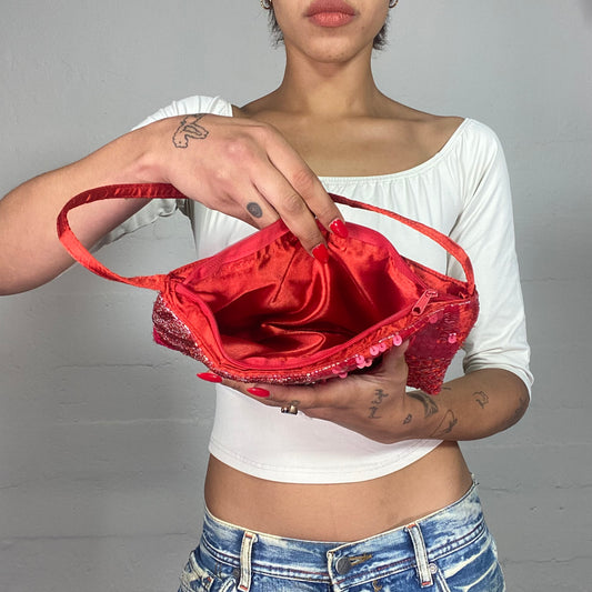 Vintage 2000's Festival Red Shoulder Bag with Patched Print Glitter Detail