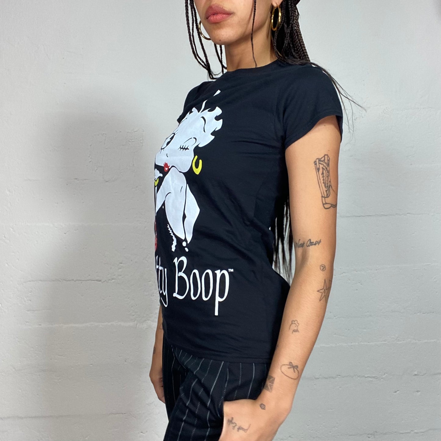 Vintage 2000's Sleaze Girl Black Top with Betty Boop Print (S/M)