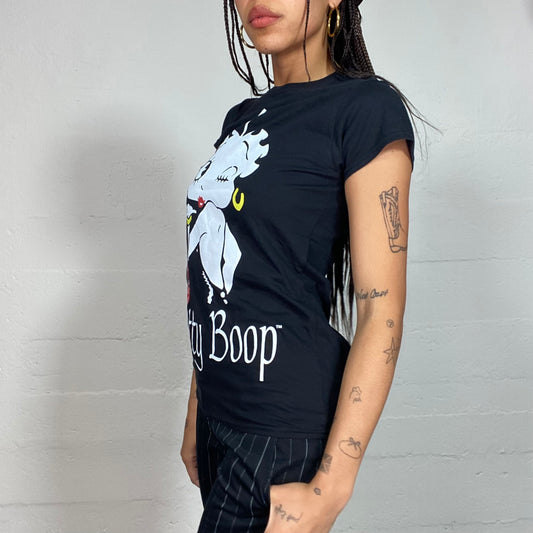 Vintage 2000's Sleaze Girl Black Top with Betty Boop Print (S/M)
