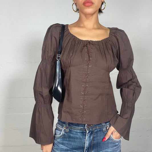 Vintage 90's Cottage-Girl Chocolate Brown Puffed Longsleeve Blouse with Lace Up Detail (M)