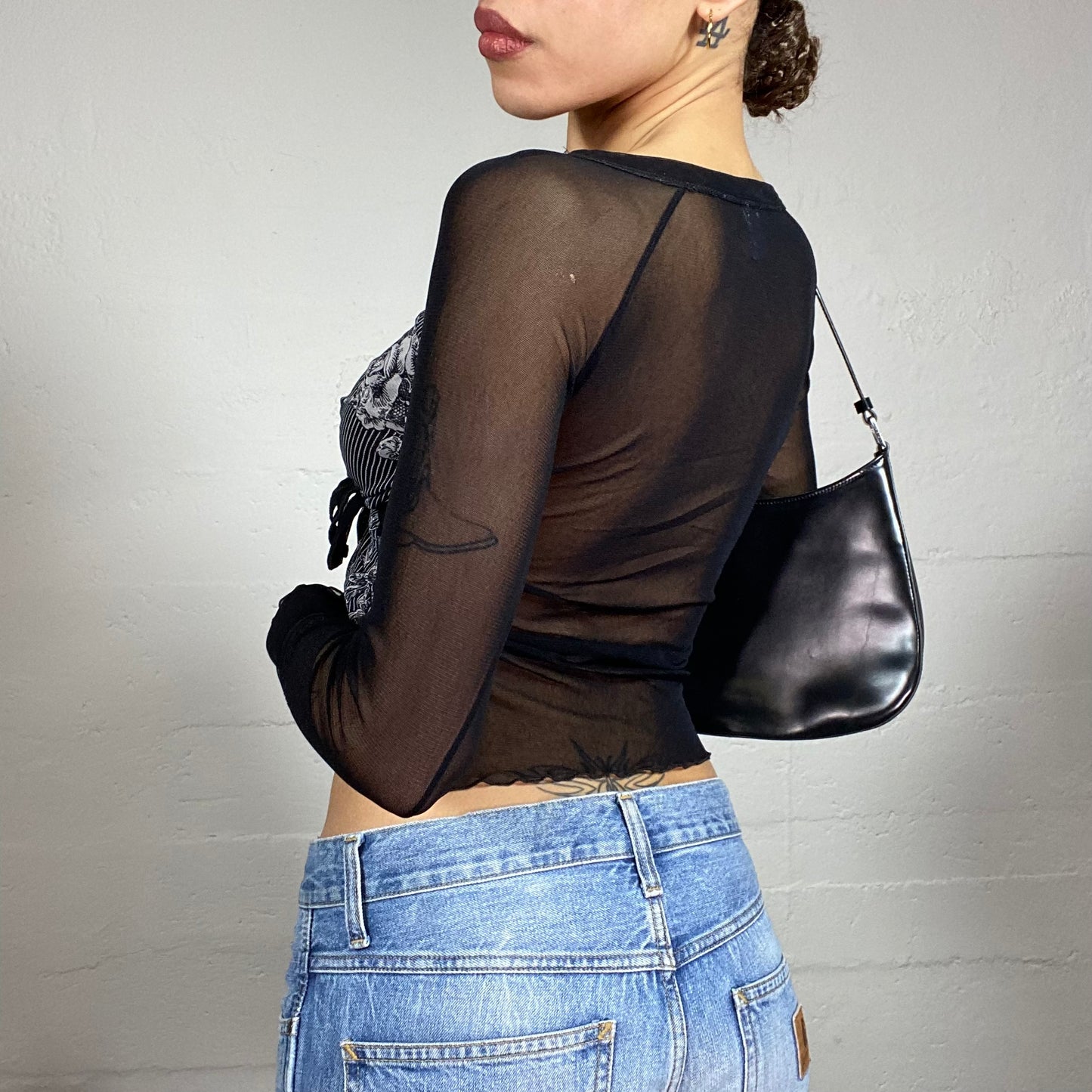 Vintage 2000's Romantic Girl Black Mesh Longsleeves Top with Floral Print (S)